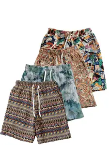 Men's Art Floral Pattern Casual Drawstring Shorts, Oil Painting Style, Breathable Summer Beachwear, Loose Fit, Holiday Activities, Print, 4 Pack