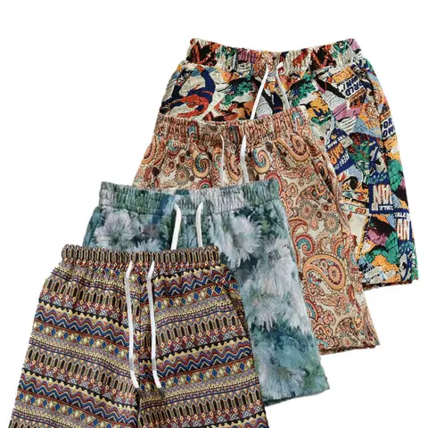4-Pack Men's Art Floral Pattern Casual Drawstring Shorts, Oil Painting Style, Breathable Summer Beachwear, Loose Fit for Holiday Activities