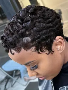 Human Hair Pixie Cut Wig, Short Layered Curly with Bangs, Natural Dark 99j Color, Machine Made Wig, Pixie Wigs, Kinky Curly Wig