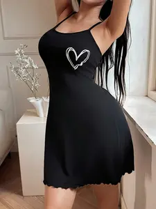 Sleeveless Heart Print Sleepwear Loungewear, Fine Strap Design & Geometric Lettuce Edge Sleeper, Comfortable Night Wear, Elegant, Chic, Womenswear