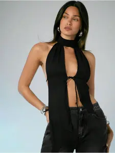 Sexy Hot Girl Street Nightclub Backless Halter Top, Hollow Out Lace-Up Strapless Tank Top for Women