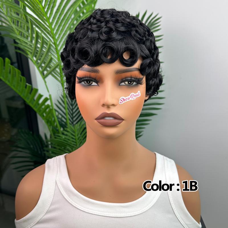 ShowRealHair Wig 025 Pixie Cut Wig for Black Women Short Bomb Curly Wigs Brazilian Virgin Human Hair Short Pixie Cut Layered Wig