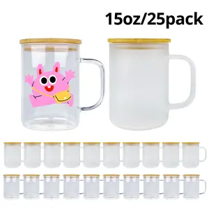 25pack 15oz Sublimation Glass Cups with Handle,Clear/ Forsted Glass Cups, Coffee Mug Cups with Bamboo Lid and Straw, Hot and Cold, Suitable for Picnic Camping, Festive Gifts. Drinkware