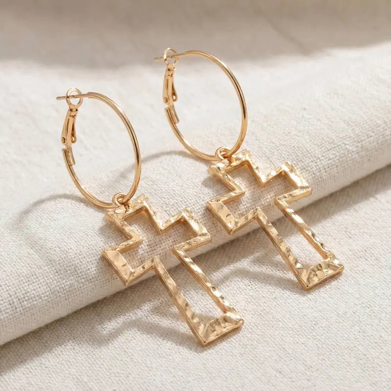 Women's Vintage Gold Cross Drop Earrings - Elegant Hoop Design, Classy Fashion Statement Costume Jewelry, Female Gift Accessory, Trendy Chic Piece for Back to School TikTok Shop Sohochic