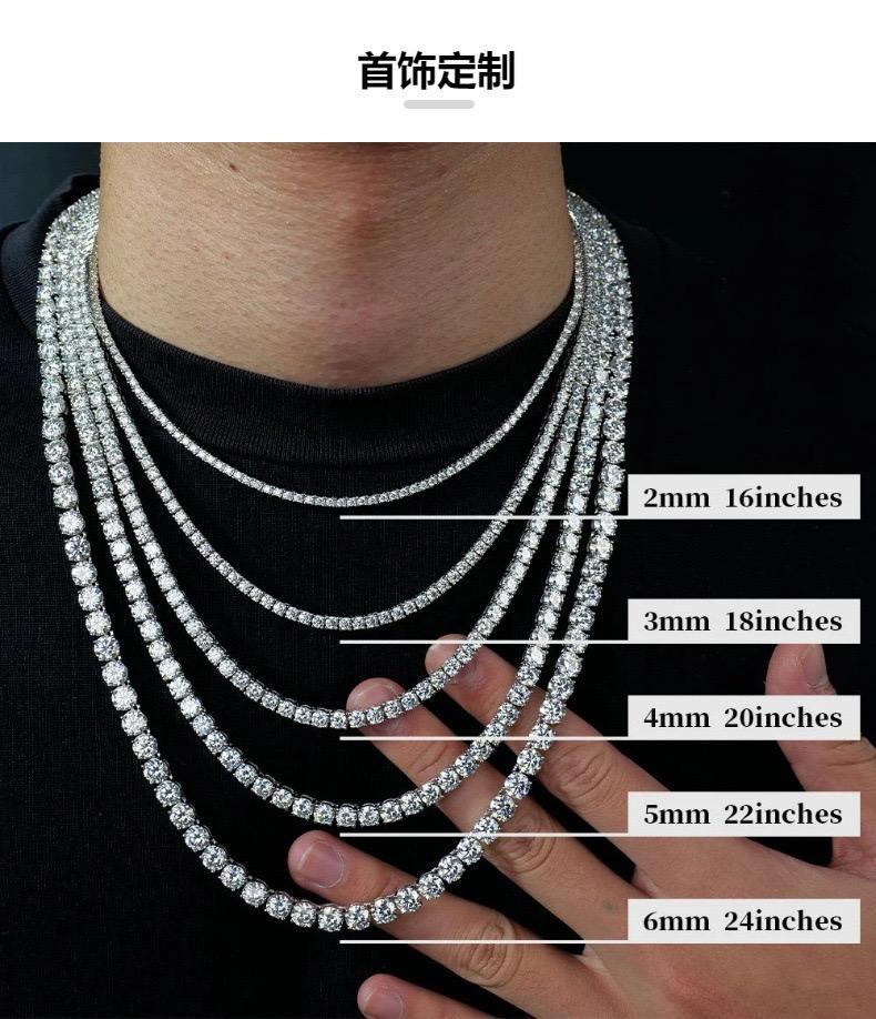 Meisidian Iced Out Moissanite Diamond   Sterling Silver Plated Gold 2mm 3mm 4m 5mm Tennis Chain Necklace