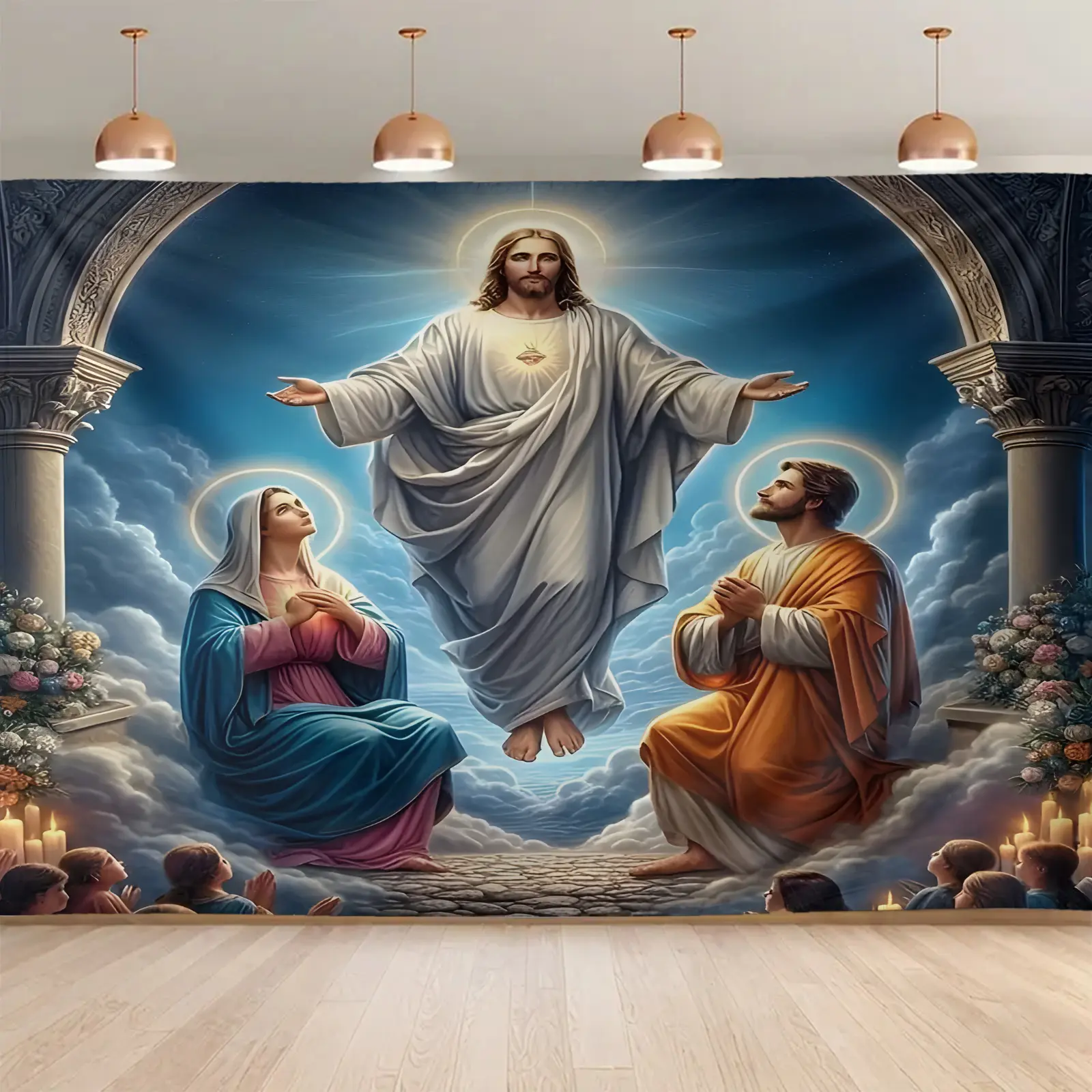 1pc Extra Large Jesus Design Polyester Knitted Tapestry - Home Decor Wall Hanging with Sacred Figures, Free-Standing Jesus, Free Hanging Clips, Religious Ornaments, Ideal for Living Room, Streaming Background (White)