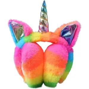 L-BN038   Cute Rainbow Unicorn Earmuffs for Women Kids Girls, Foldable Warm Soft Plush Comfortable Outdoor Winter Ear Warmers