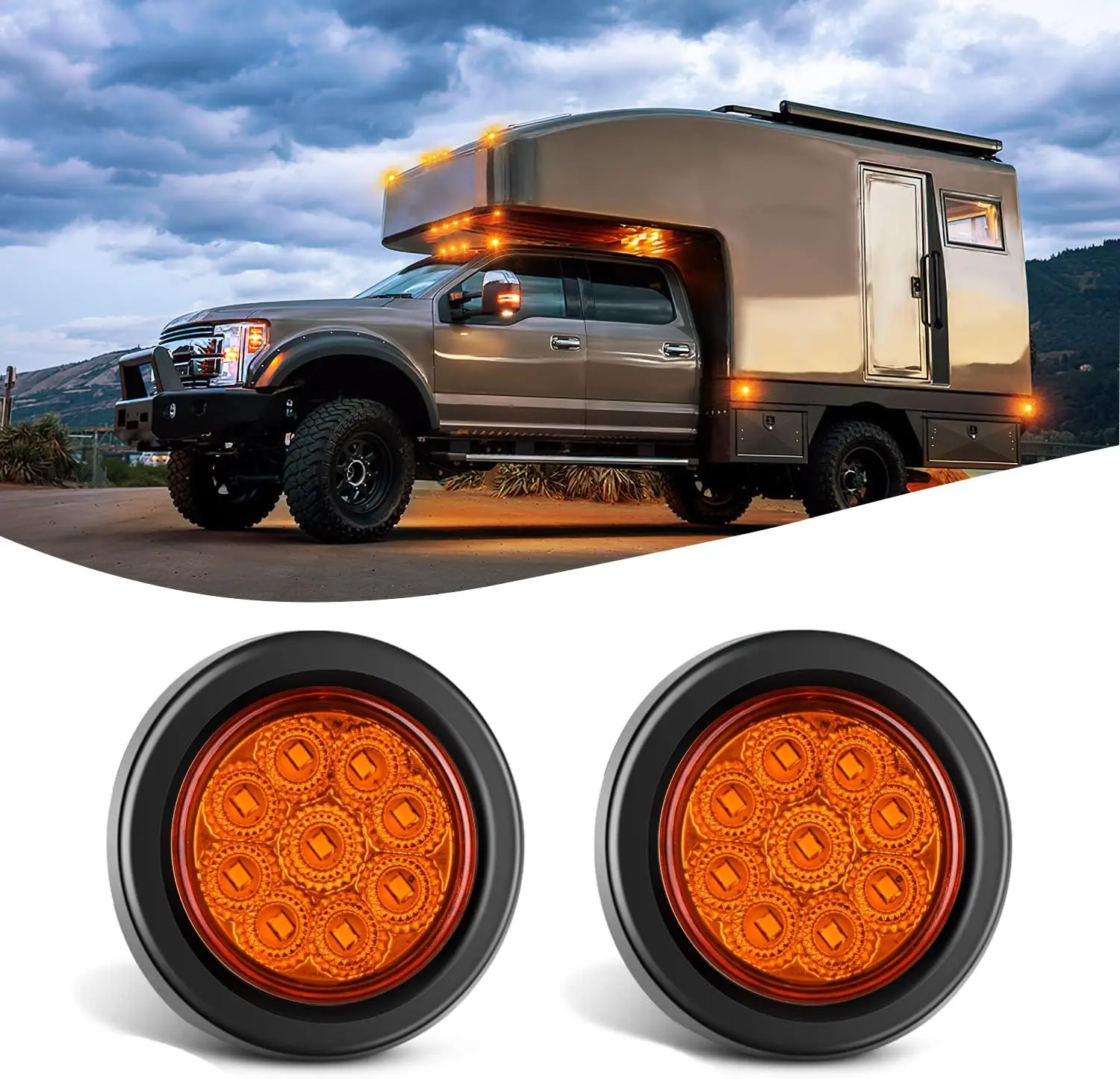 Nilight 2-Inch Round Amber 9LED Flush Mount Marker Clearance Lights (2 Pcs Set), 12V ABS Shell High Visibility Lights with Plug, Grommet, Pigtail for Hardwired Installation on Trucks, Trailers