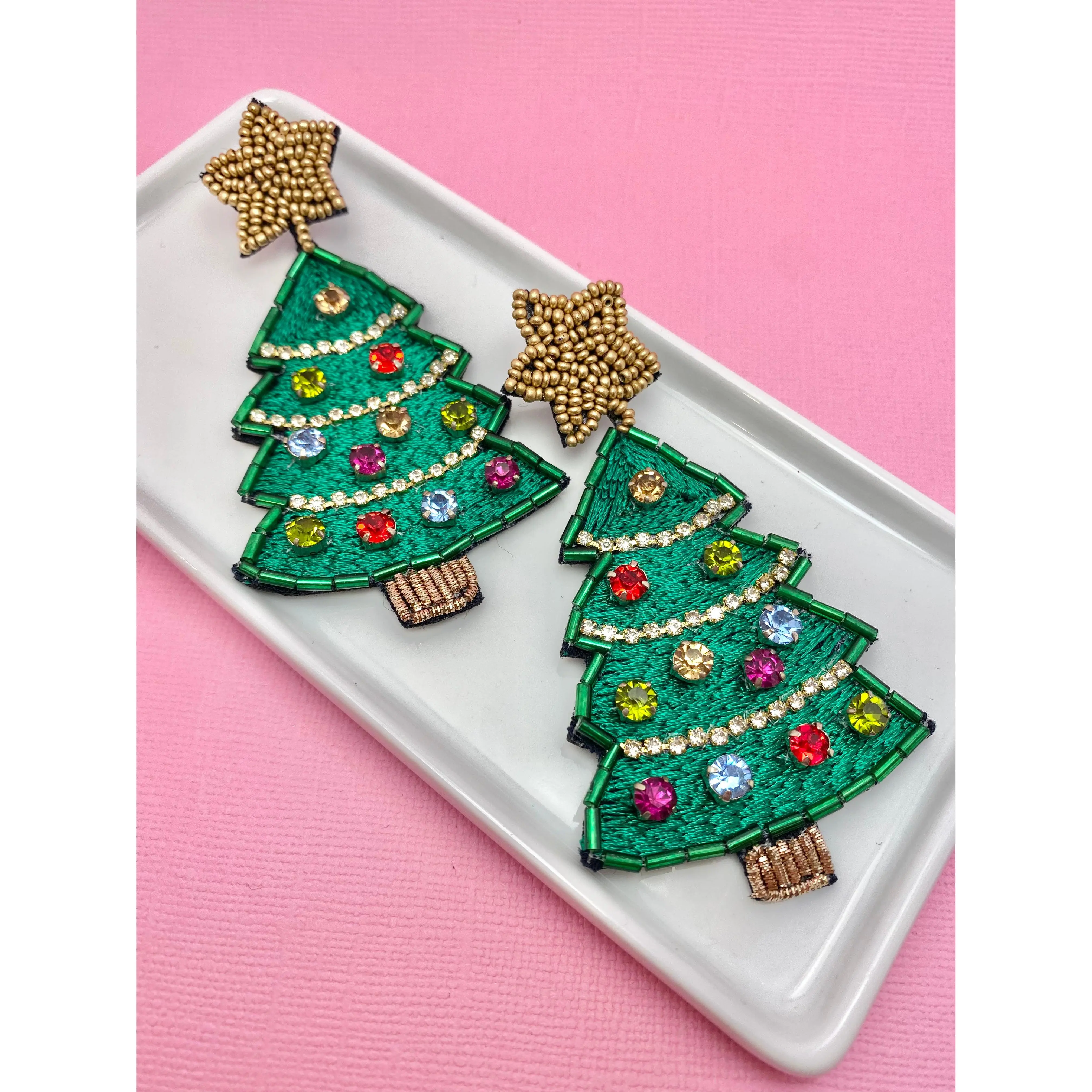 Christmas Bling Star-Topped Beaded Tree Earrings