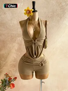Women's Summer Halter Neck Two-Piece Set, Round Ring Decor Short Top with High-Waisted Shorts, Stylish and Comfortable Clothes