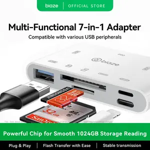 Biaze 7-in-1 SD Card Reader for iPhone, Lightning/USB C/USB A, Triple Output Ports, Ultra-fast 480Mbps, Plug and Play, Compatible with iPhone, Android, iPad, Laptop, USB C and USB A Devices