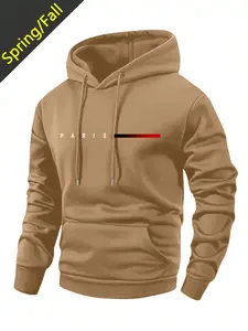 Autumn And Winter Men'S Street Fashion Hoodie, American Niche Personalized Letter Print, Comfortable Stretch Fabric, Long Sleeve Pullover Sweatshirt With Unique Design, Solid Color Hooded Sports Jacket With Drawstring Hood And Kangaroo Pocket, Suitable Fo