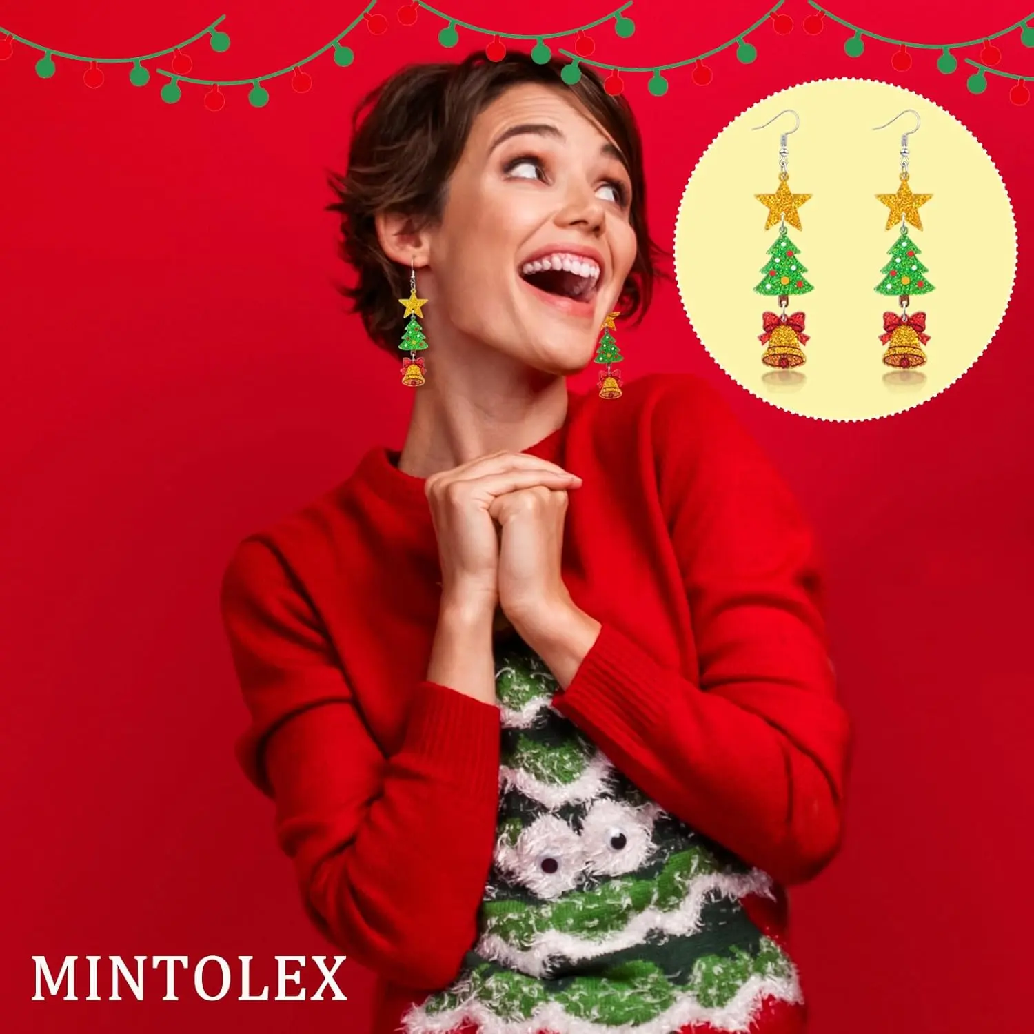 Christmas Dangle Earrings for Women Glitter Acrylic Triple Drop Santa Hat Tree Jingle Bell Gift Star Earrings Cute Xmas Holiday Party Costume Jewelry Gifts Decoration