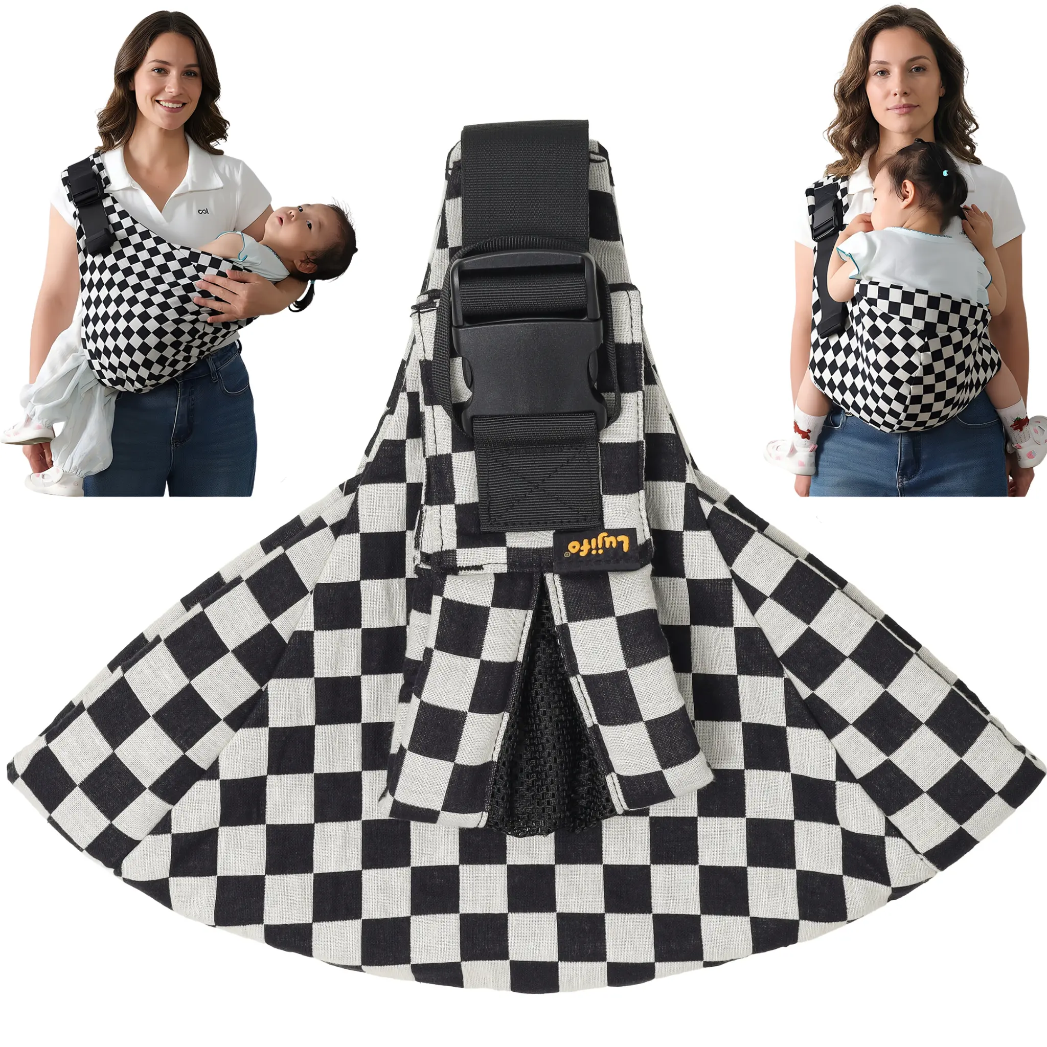 LUJIFO Upgraded Side Baby Carrier, Padded Leg Support Checkerboard Sling, Lightweight Design