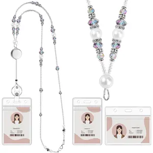Teacher Lanyards for Id Badges and , Beaded Badge Lanyard with Retractable Reel  Necklace Cute Lanyards for Women