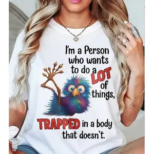 Women's Round Neck Short-Sleeve Cotton Casual Top - Printed Chronic Illness "Trapped In A Body" Spoonie Humor T-Shirt with Love Theme