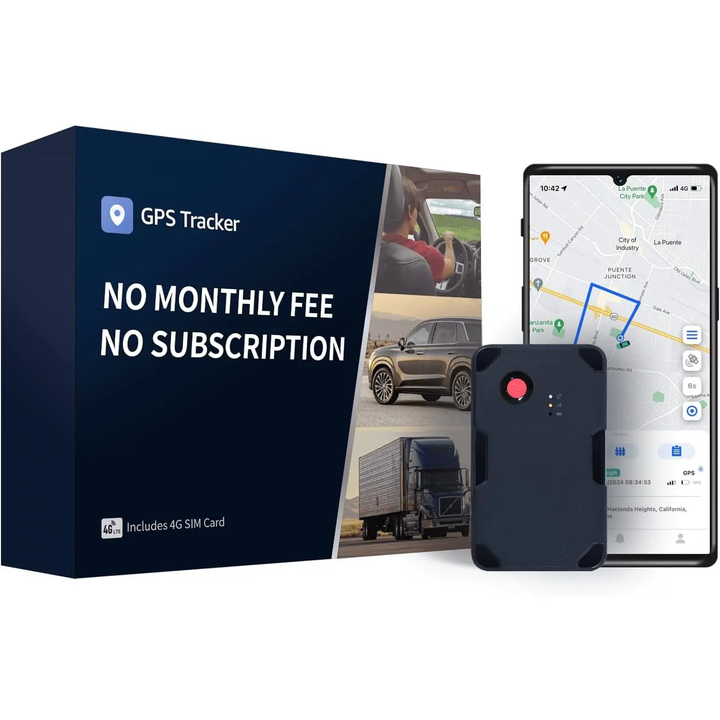 4G Vehicle GPS Tracker with App Control, 14 Days Battery, 30 Sec Updates, No Monthly Fee/Subscription, Included SIM Card & Data, Trip History, Geofence Alerts, Driving Alerts, Sync-Capable Device