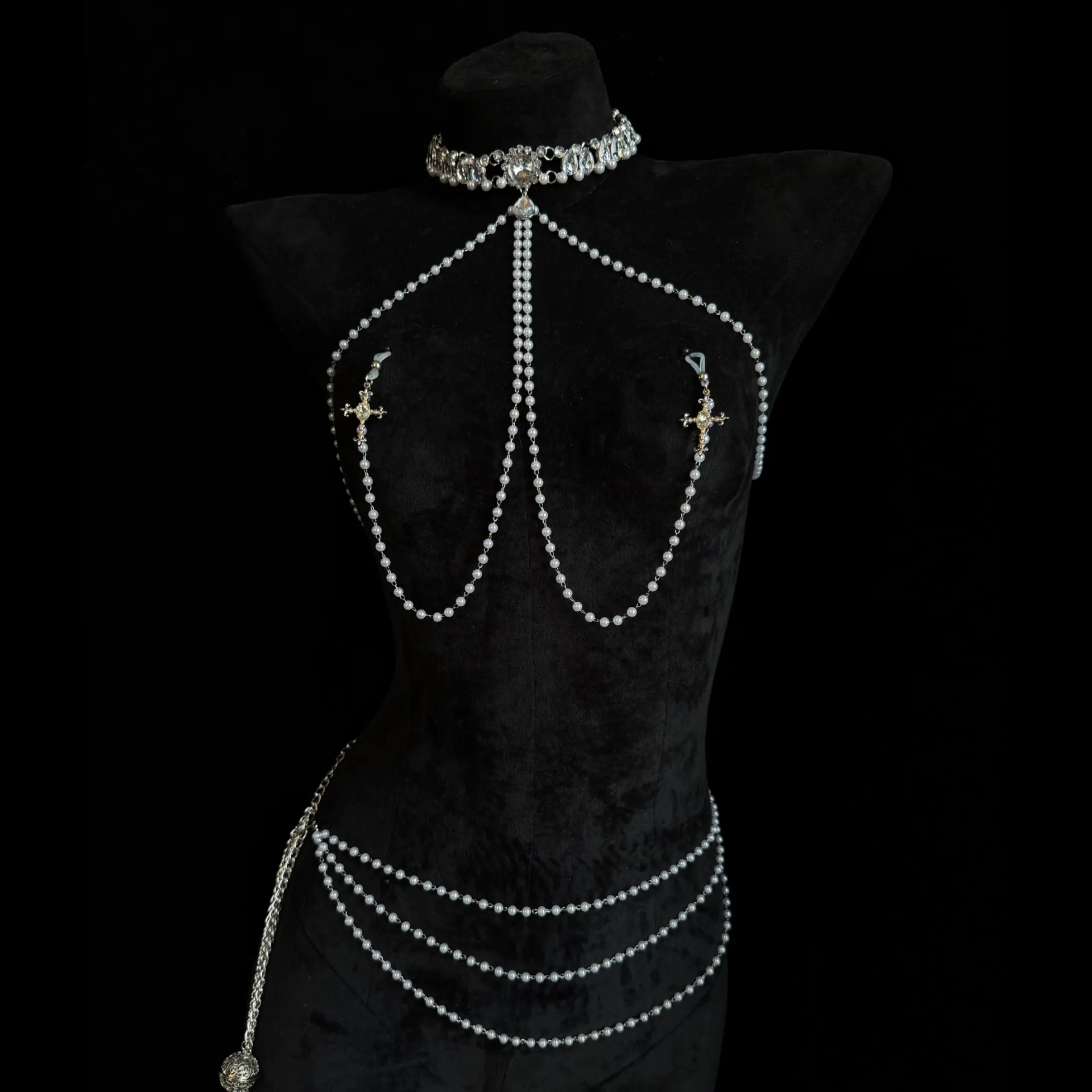 Light Luxury Pearl Rhinestone Collar Body Chain Set