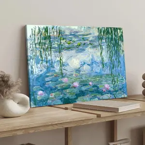 Monet Water Lilies Art Poster, Modern Solid Wood Frame Canvas Print, Waterproof Wall Decor for Living Room & Bedroom