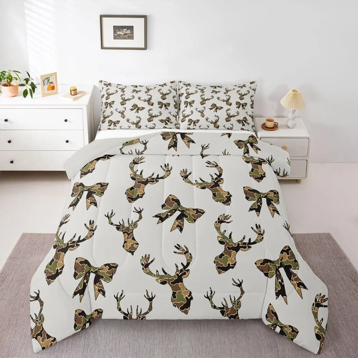 Feelyou Camouflage Style Breathable Deer Hunting Print Bedding Set - Twin/Full Sizes for Boys Teens, Green Camo Duvet Quilt Comforter Set, Deer Hunting Camo