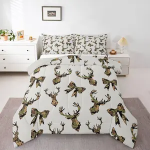 Deer Hunting Camo Comforter Sets for Boys Kids Teens,Hunter Camo Bow Bedding Sets Green Camouflage Duvet Quilt,