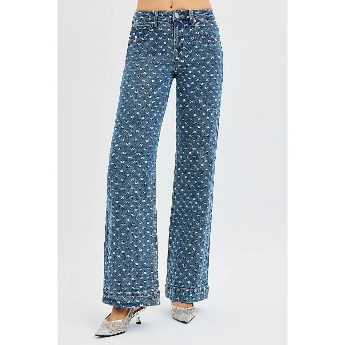 RISEN High Rise Wide Leg Bow Embroidered Jeans
