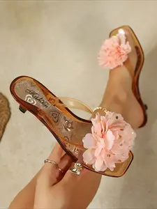 3D Flower Clear Low Heel Slide Sandals Footwear, Square Toe Jelly Sole Summer Mules