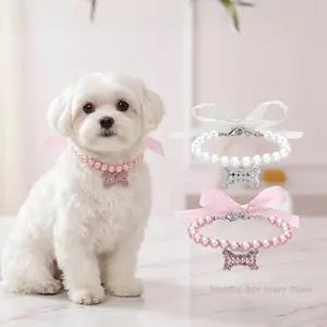 Pearl & Rhinestone Pet Necklace with Bone Pendant – Adjustable Light Luxury Collar for Small Medium Dogs Cats Chihuahua Accessories – Pink/White DIY Ribbon Wedding Party Daily Jewelry