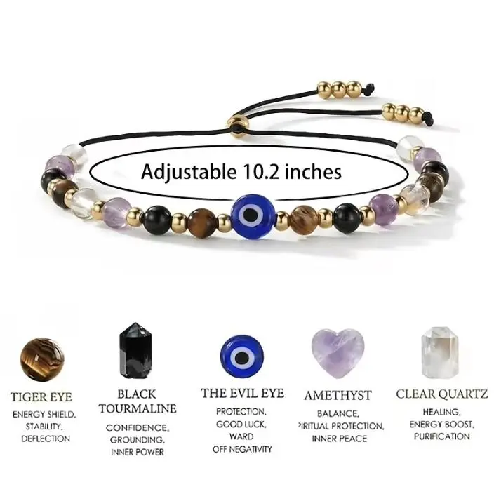 Evil Eye Dainty Bracelet Natural Crystal Protection, Adjustable Spiritual Guardian Jewelry Gift, Energy Bracelet, Clear Quartz Amethyst Tourmaline Tiger Eye, Adjustable Fit, All Seasons Wear, Gift With Meaning, Guardian Symbol, Crystal Bracelets