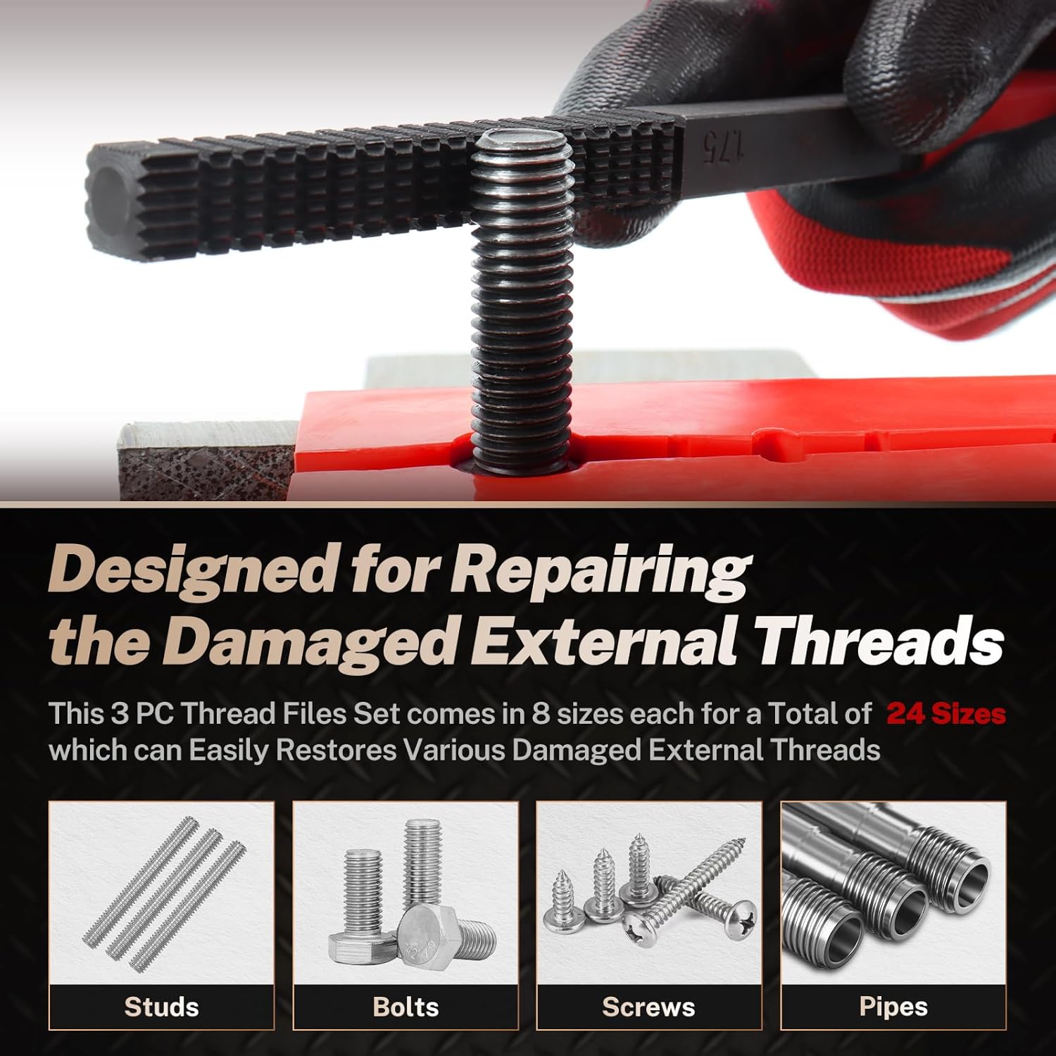 GJANSH 3 Pcs Thread File Set, SAE & Metric Thread Restorer Files, Thread Chaser Repair Tool for Damaged External Threads
