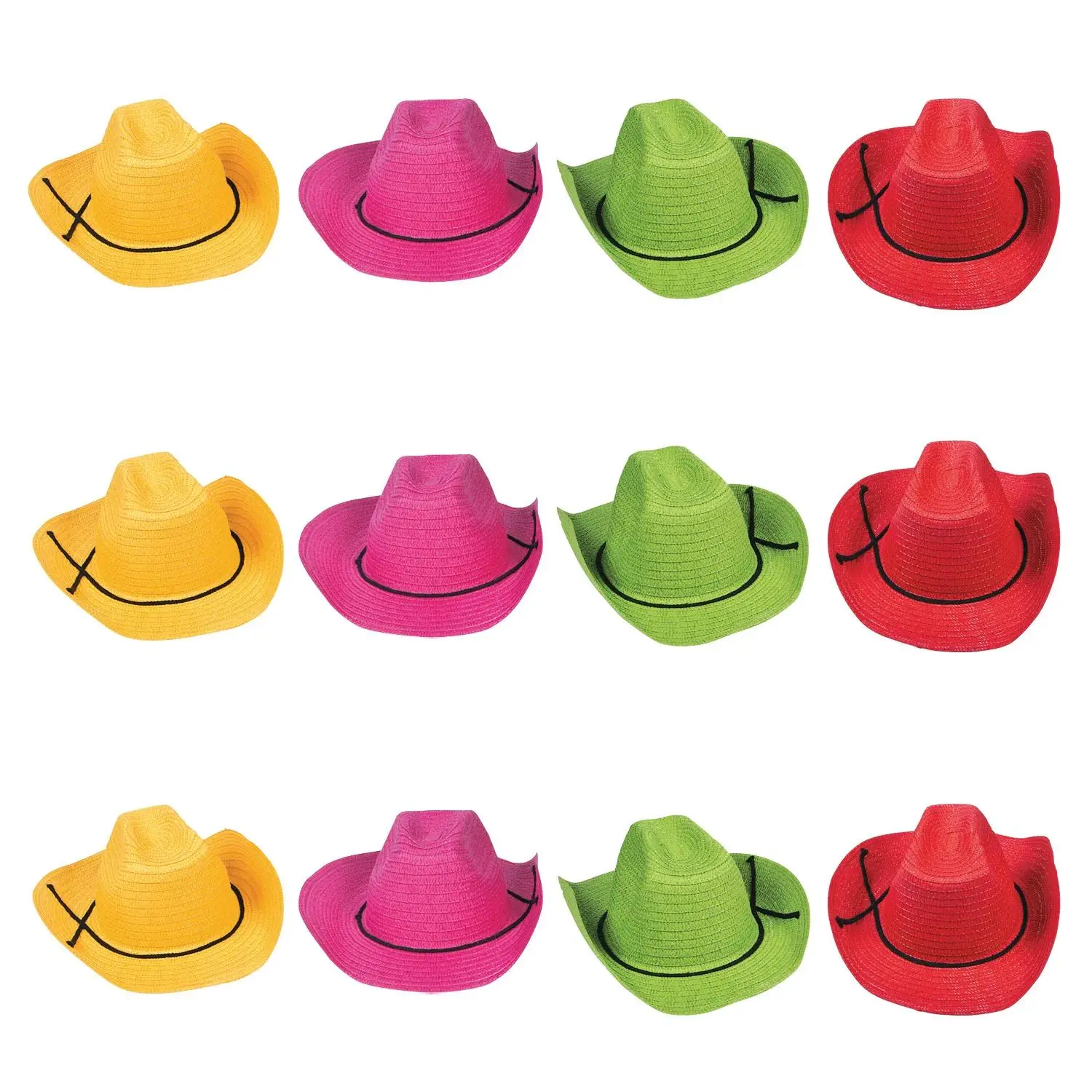 24" Adults Red, Yellow, Pink & Green Straw Cowboy Hats - 12 Pc.