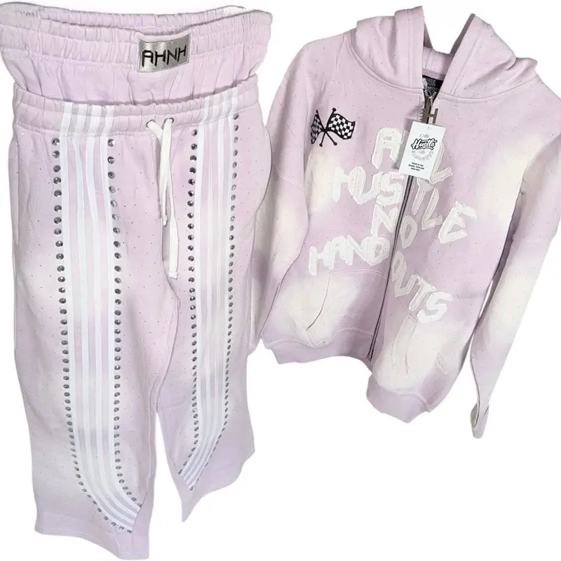 All Hustle Tracksuit - Lavender Hoodie & Pants Set with White Stripes Rhinestones and 'All Hustle No Handouts' Design