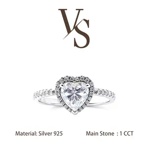 [Venus Jewelry] Synthetic Moissanite 1 CCT Heart Shape Halo Design VVS 1 D Color Solid Silver 925 Solitare Ring