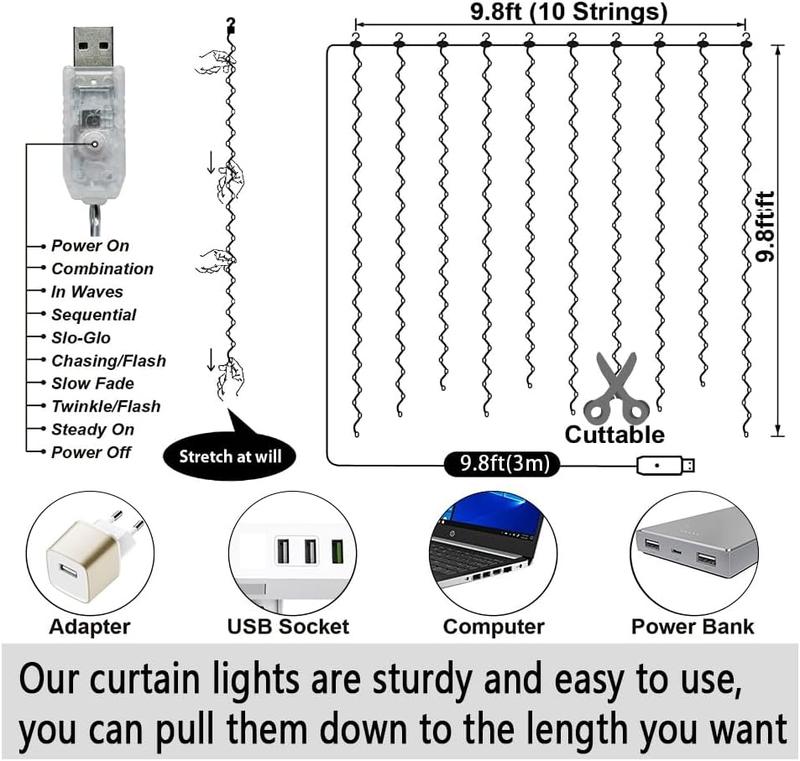 300 LED Curtain Lights with Remote Control, 8 Modes, Warm White, Perfect for Indoor/Outdoor Christmas, Wedding, Party Wall Decorations