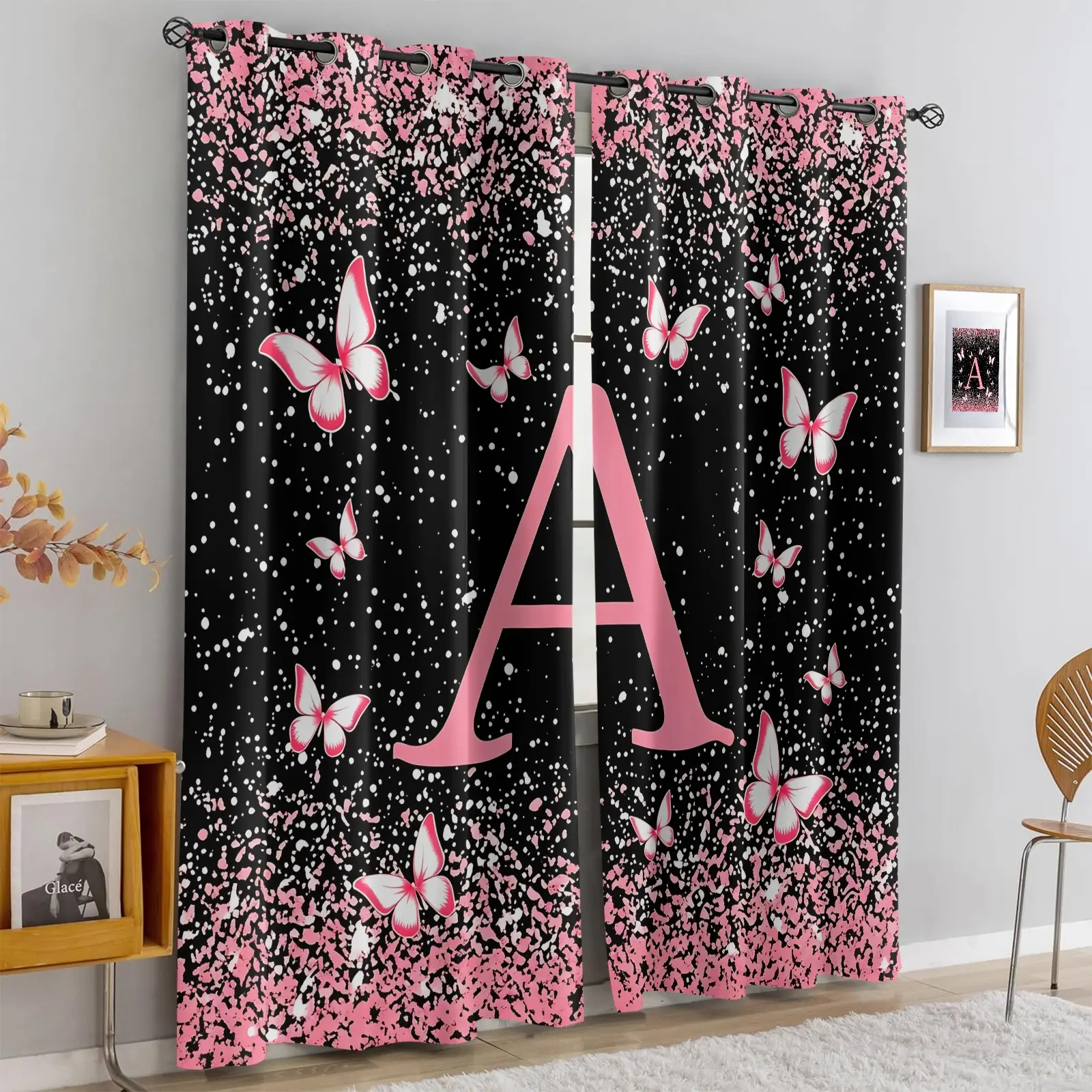 Personalized 26 Initial Butterfly Pattern Blackout Curtains, Decorative Patterned Blackout Curtains, Window Drapes for Girls Teens Bedroom, Room Decor, 2-Pack, Easy to Hang and Clean