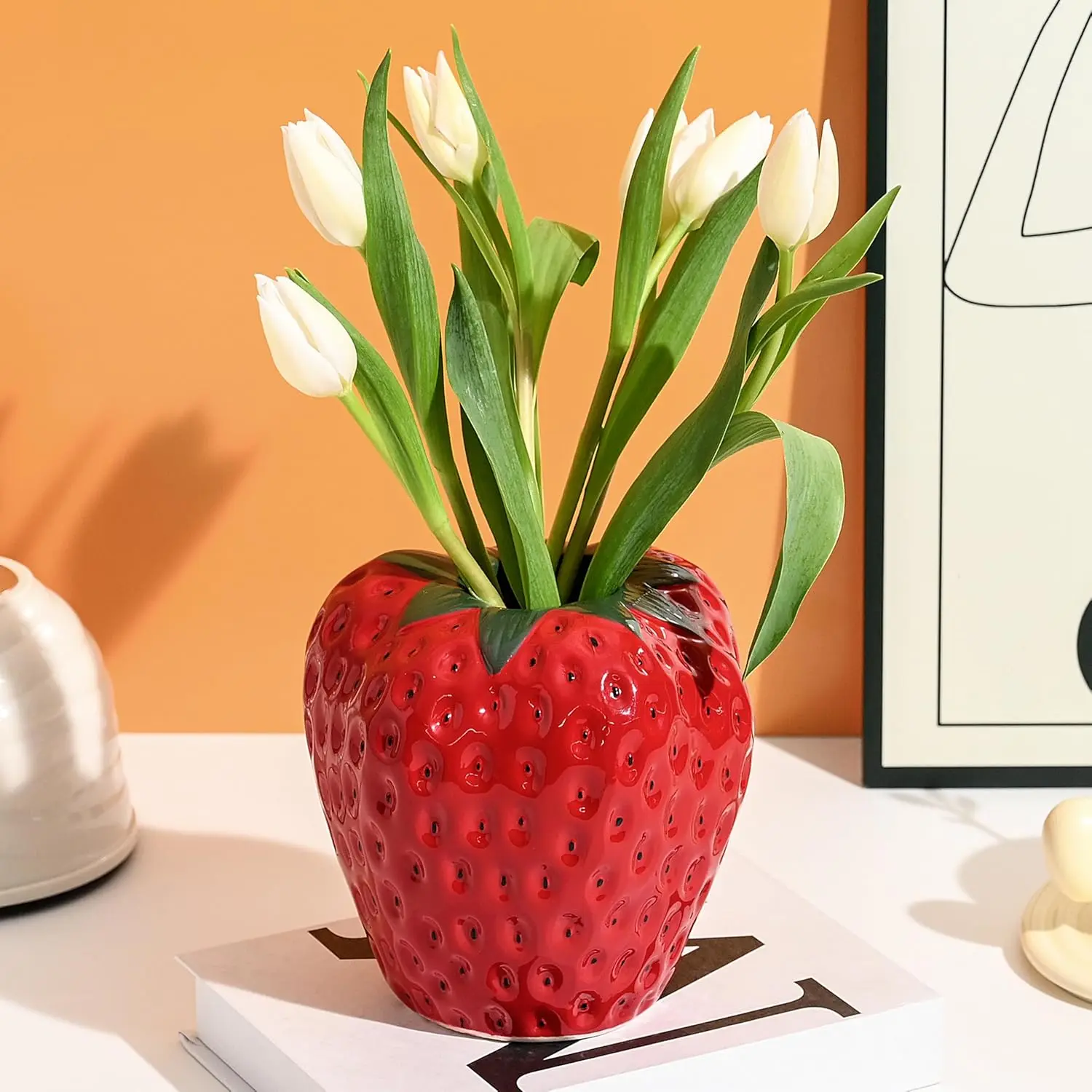 Ceramic Red Strawberry Fruit Vase with Green Leaves, Black Seeds - Cute Decorative Ceramic Flower Vase, Planter Pot, Table Centerpiece for Home Spring Kitchen Decor, Ideal Gift, Decorative Vases
