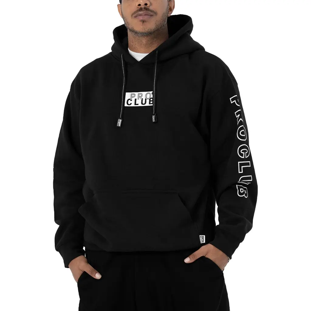 Pro Club Men's Heavyweight Pullover Hoodie, Relaxed Fit 13oz Fleece Sweatshirts, Polyester Tops with Ribbed Cuffs & Printed Sleeve, Fabric, Cotton, Pocket, Casual, Double Ply Self Fabric Lined Hood, Soft, Drawstring, Front Pouch, Logo Print, Stitchwork