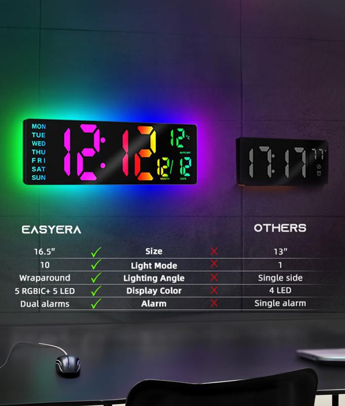 EASYERA 16.5"&12" Large 2 in 1 Digital Wall Clock with Remote Control, RGB Atmosphere Lights with 11 Scenes Mode, Dual Alarms with BIG LED Display, Teacher Classroom, Office, GameRoom, LivingRoom, Auto Dst Adjustment Timer Clock for ADHD, Christmas Gift