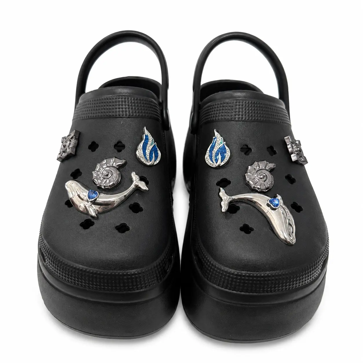 Women’s Ocean Charm Platform Clogs, Whale Seashell Blue Flame Decorative Slip-On Shoes, Chunky Wedge Closed Toe Garden Sandals with Adjustable Back Strap, Lightweight Casual Summer Footwear for Beach, Travel, Indoor and Outdoor Wear