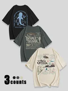 Women's Whale & Shark Print Tee, Animal Tee, Casual Streetwear Soft Comfortable Round Neck Short Sleeve T-shirt for Summer, Ladies Clothes for Daily Wear, Top, Casual Everyday Wear, Casual Everyday Tops