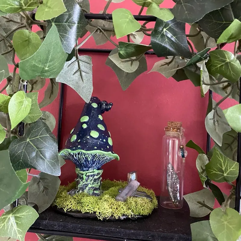 Witchy mushroom navy and citrus with crystals, handmade one of a kind decor, all new materials