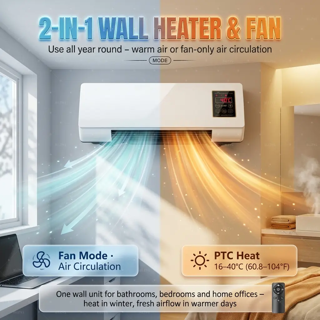 TAZTIR 1200W Wall Mounted Space Heater with Fan, 2-in-1 PTC Ceramic Heater, Digital Thermostat, Remote Control & 1-6H Timer for Small Rooms, Bedrooms & Bathrooms