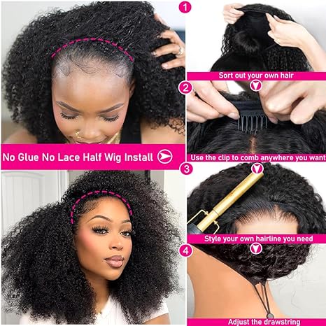 [All Styles In One]Tuneful 3 In 1 Kinky Curly Half Wig Human Hair 180% Density Ready Go Glueless Wigs Human Hair 20 Inch Curly Wigs for Women Drawstring Seamless Flip Headband Wig Beginner Friendly