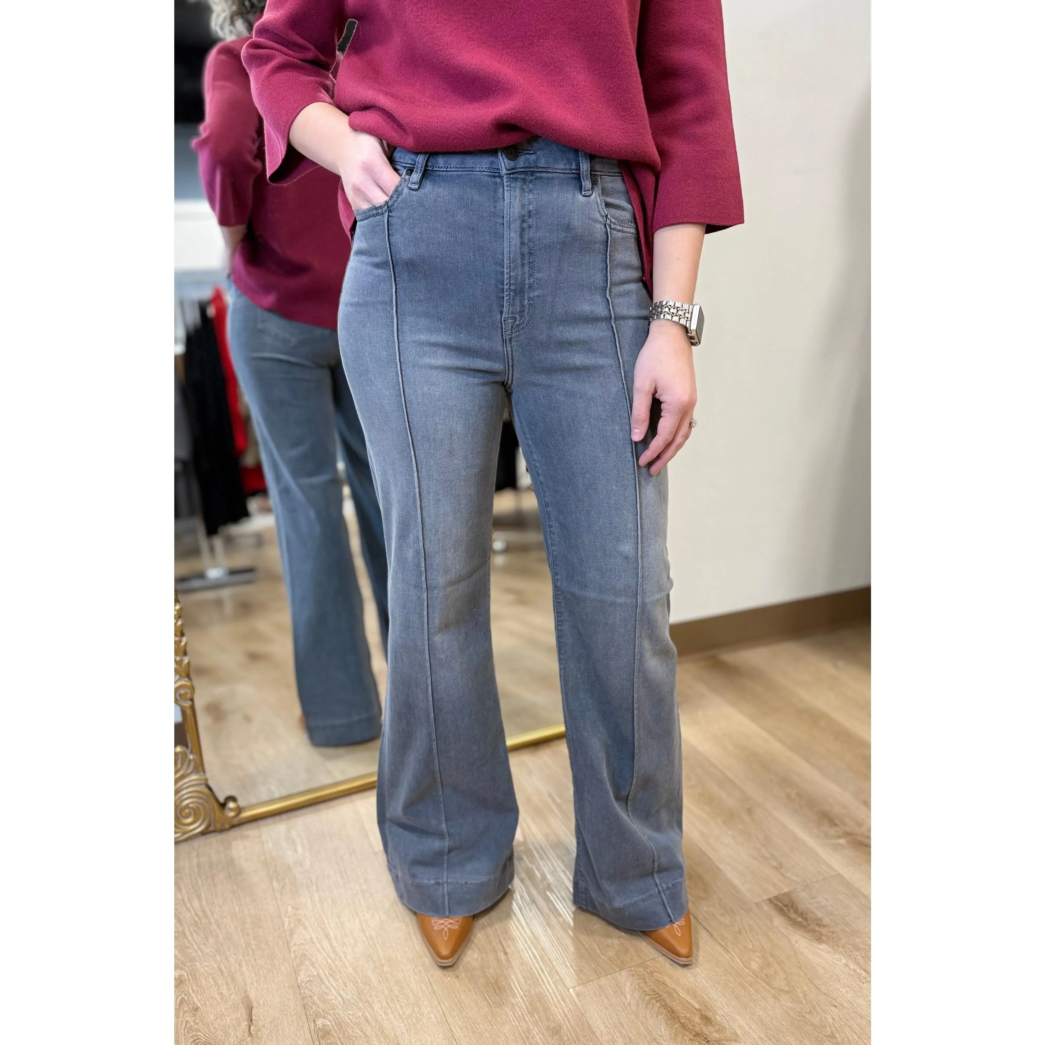 Hidden Happi High Rise Pintuck Flare Jean Grey