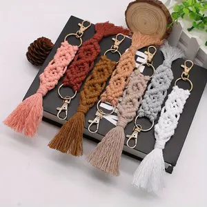 bag keychain 8pcs Boho Chic Hand-Woven Fringe Keychains - Macramé Bag & Car Key Pendants with Golden-Tone Clasps, Earthy Tones & Neutral Hues, Mothers Day Gifts for Women, Durable Bohemian Accessories for Bags, Keys, Backpacks, Bag Decorati