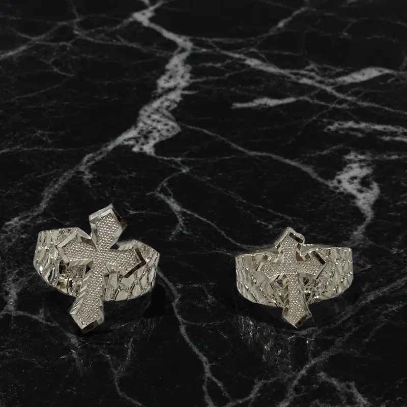 925 Sterling Silver Nugget Cross Ring- Diamond Cut