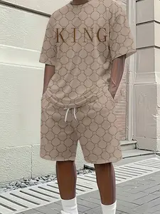 Men's 3D Digital Printed Two-piece Set with Khaki Rhombus and KING Lettering, 2Pcs, Trendy Fashion Outfit, Retro Casual Two-piece Suit, Vacation-style Trendy Wear, Breathable Sports Casual Style, Perfect Festival Gift for Men