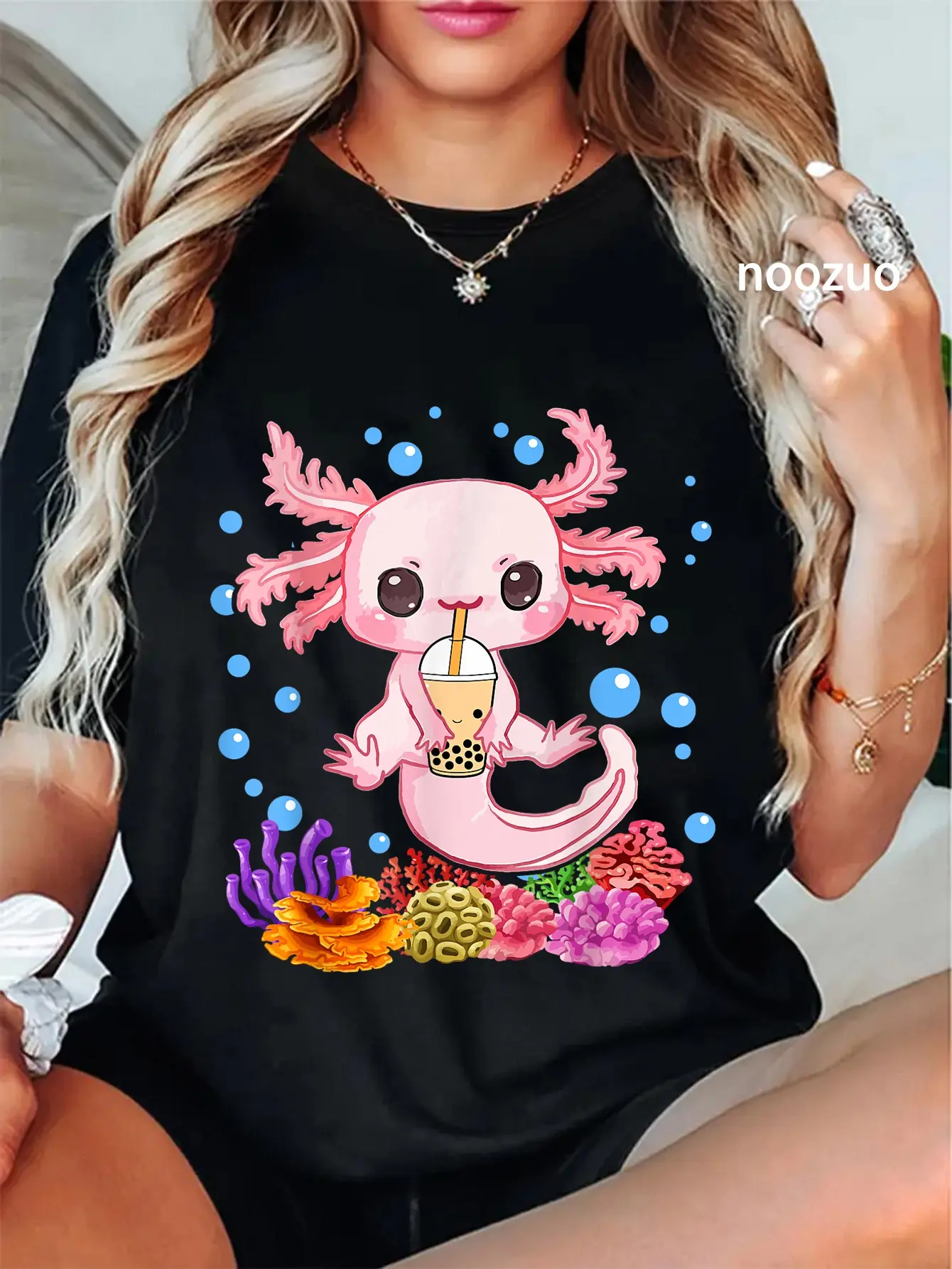 Women's Vintage Graphic T-Shirt with Cute Axolotl Print, 100% Cotton Round Neck Top with Short Sleeves and a Casual Unisex Cut, Street