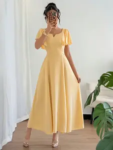 New Women's Spring Summer Dress, Dopamine Slimming French Style Cream Square Neck Small Flounce Sleeve Elegant Commuter Comfort Dress