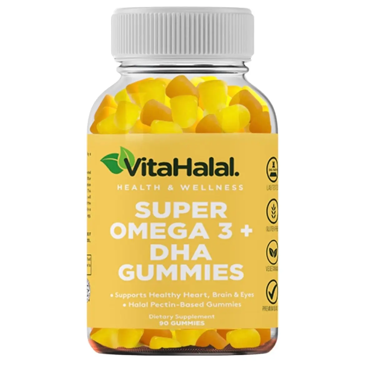 VitaHalal Super Omega 3 Plus DHA Gummies -90 Gummies | Gluten-Free | Brain, Heart, Immune, Joint, and Cardiovascular Support Gummy Health Fitness Supplement